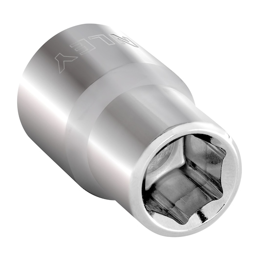 STANLEY 4-86-508 chrome six-point socket, close-up angled view on white background.