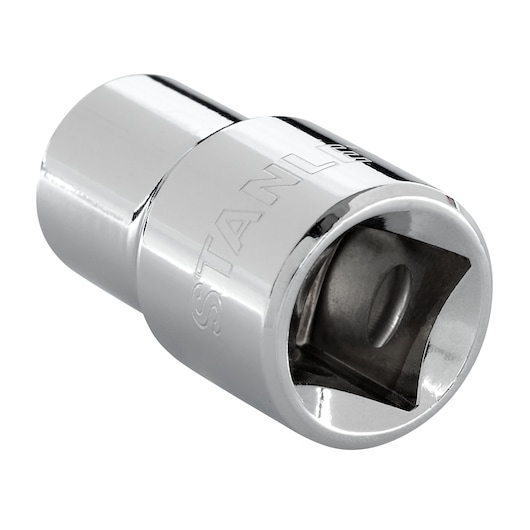 STANLEY 4-86-508 chrome finish socket adapter, close-up angle on white background.