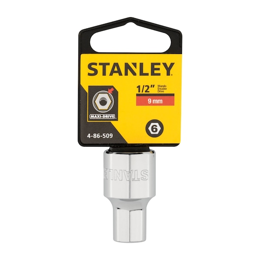 Photo of STANLEY 4-86-509 9 mm socket, chrome finish, with yellow and black packaging, front angle.