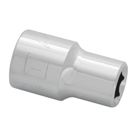 Stanley 4-86-511 chrome socket, tool category, side angle, reflective surface, six-point design.