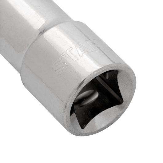 STANLEY 4-86-513 chrome socket, close-up angle on white background, shows square drive opening.