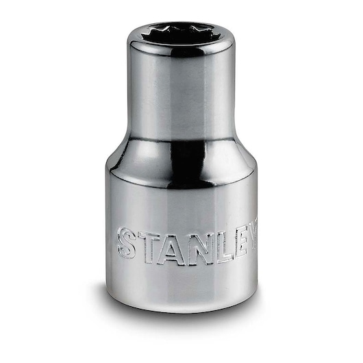 STANLEY 4-86-542 chrome socket, cylindrical shape, embossed brand, front angle on white background.