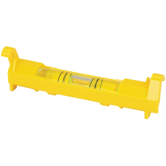 STANLEY 42-193 yellow line level with bubble vial, side angle on white background.