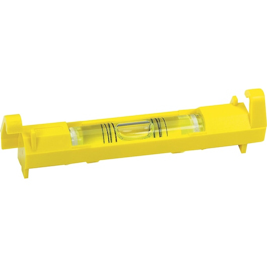 STANLEY 42-193 yellow line level, rectangular plastic body with bubble vial, side angle on white background.