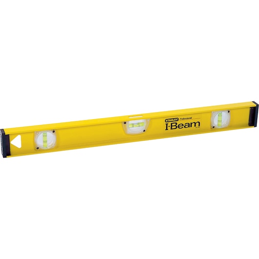 STANLEY 42-240 I-Beam level, yellow with three bubble vials, photography on white background.
