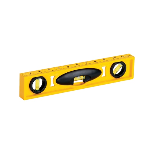 Stanley yellow spirit level with black accents, three vials, and measurement markings, front angle on white background