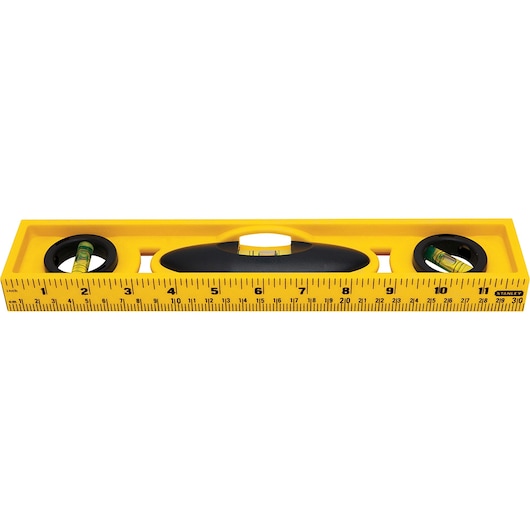 Photo of STANLEY 42-466 yellow ruler level tool with handle, front angle on white background.
