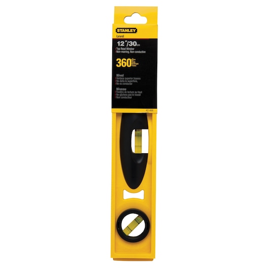 STANLEY 42-466 yellow and black 12-inch level with top read window, front angle on white background.