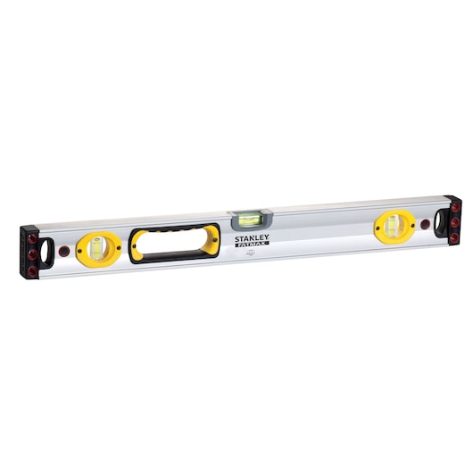 STANLEY 43-525 spirit level with silver body, yellow vials, and black handle, front angle on white background.