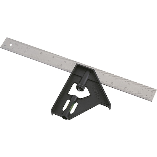 STANLEY 46-012 combination square with black handle and stainless steel ruler, top angle on white background.