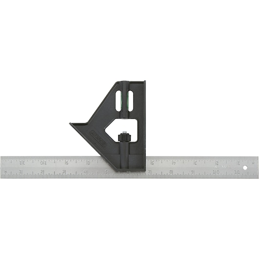Photo of STANLEY 46-012 combination square with black handle and metal ruler, front angle, on white background.