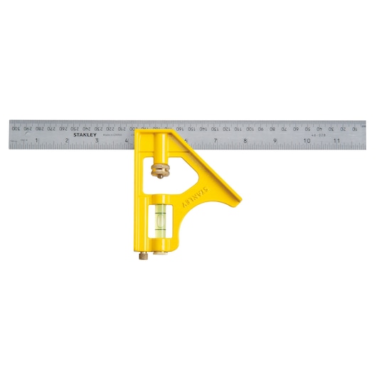 Photo of STANLEY 46-028 combination square with yellow handle and stainless steel ruler, top view on white background.