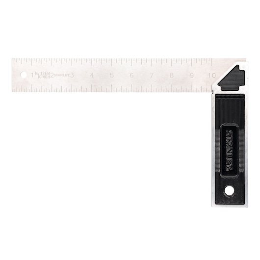 Stanley 46-534 photography of combination square with metal ruler and black handle, top view on white background.
