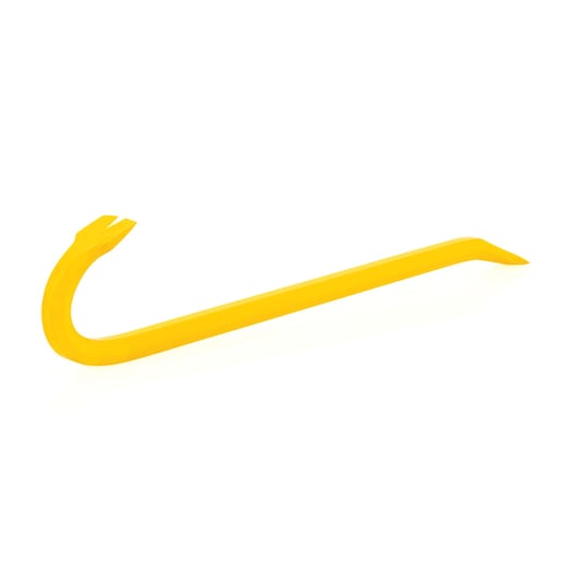 STANLEY 55-118 yellow curved pry bar, photography, side angle on white background.