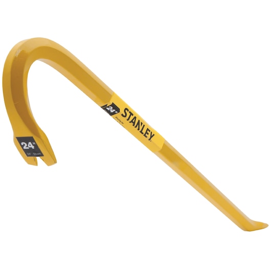 STANLEY 55-124 yellow 24-inch curved pry bar, tool product shown on white background side angle.