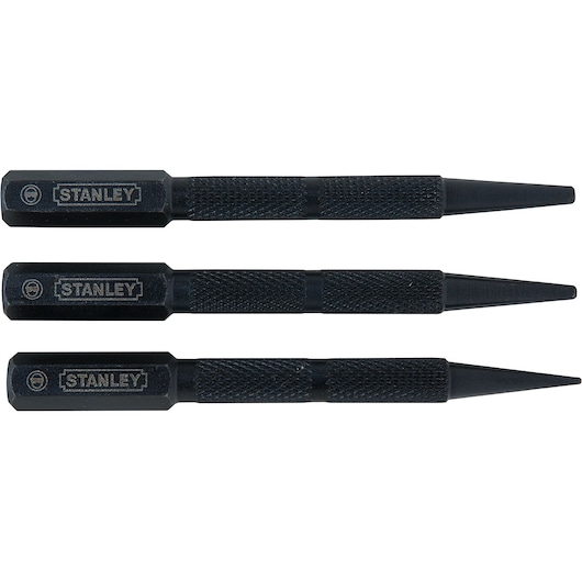 STANLEY 58-230 center punch set, black metal, knurled grip, three pieces, side angle on white background.