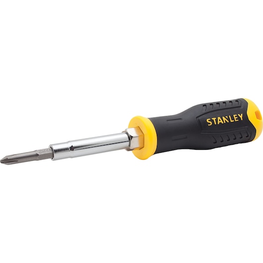 Stanley multi-bit screwdriver with black and yellow handle, flat lay angle, white background