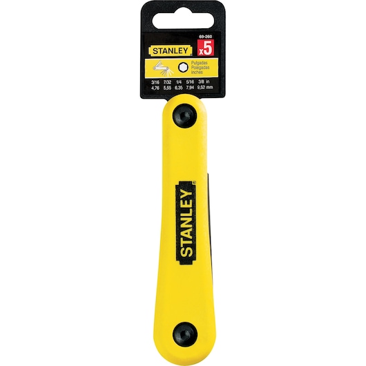 Photo of STANLEY SKU 69-260 yellow folding hex key set with black branding, shown front angle on white background.