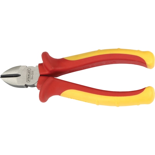 STANLEY 84-009 diagonal cutting pliers with red and yellow insulated handles, side angle on white background.