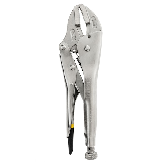 STANLEY 1-84-371-KR 10-inch straight jaw locking pliers, silver metal, front view on retail packaging.