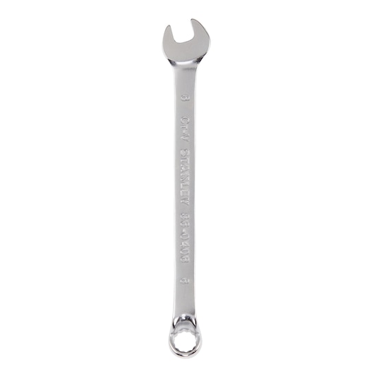 Photo of STANLEY 86-0406 combination wrench, silver finish, open-end and box-end, tool on white background.