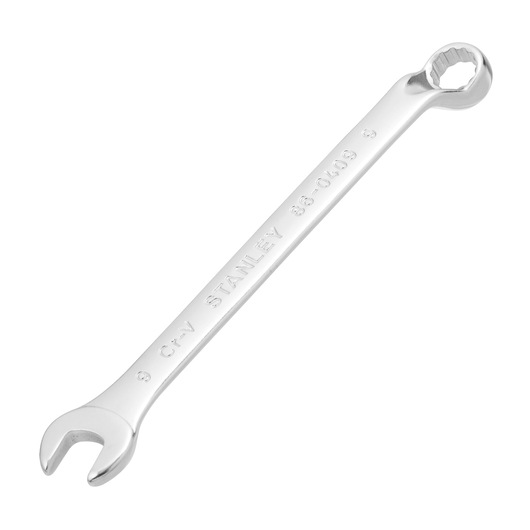 Photo of STANLEY 86-0409 combination wrench, chrome finish, angled on white background.