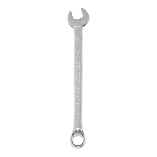 STANLEY 86-0410 combination wrench, silver, 10mm, flat lay on white background.