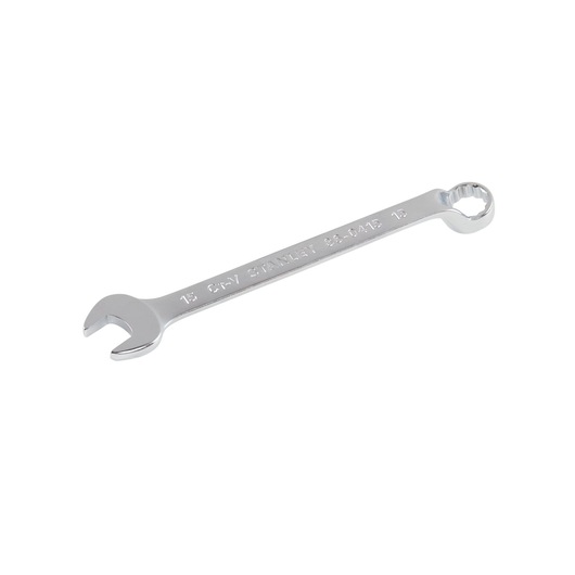 STANLEY 86-0415 combination wrench, chrome finish, with open and box end, top angle on white background.