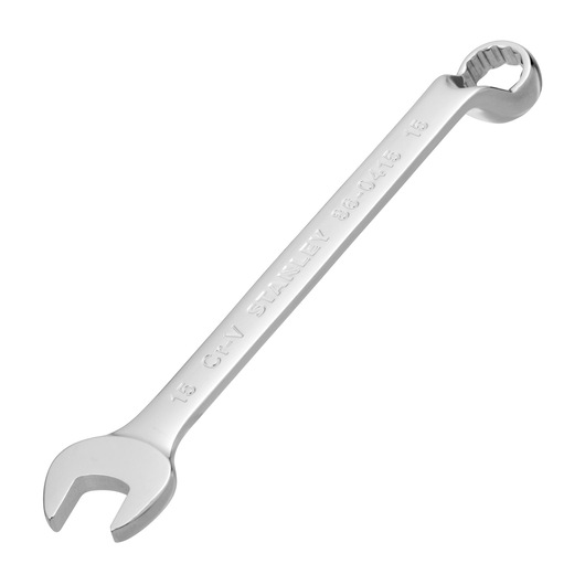 Photo of STANLEY 86-0415 combination wrench, silver, angled on white background.