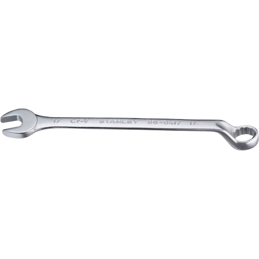 Photo of STANLEY 86-0417 combination wrench, silver, flat angle, open and box ends visible.