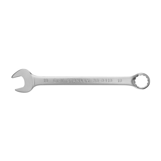 STANLEY 86-0419 combination wrench, silver finish, 19mm, open and box end, side angle on white background.