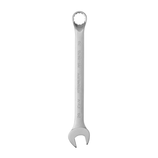 STANLEY 86-0420 combination wrench, silver finish, open and box end, product photography, top view.