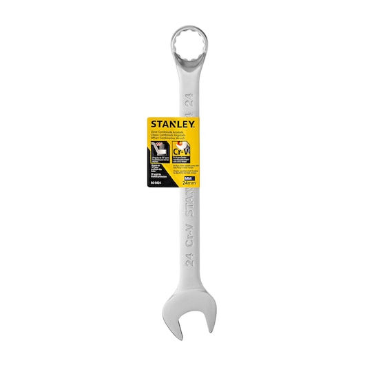 STANLEY 86-0424 offset combination wrench 24mm, silver, with yellow product label, front angle on white background.