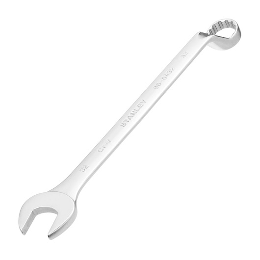 STANLEY 86-0432 combination wrench with open end and box end, silver finish, top angle on white background.