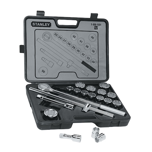 Stanley socket and ratchet set in black case, SKU 89-101, including sockets, extensions, and accessories, angled view.