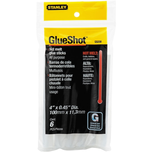 STANLEY GlueShot GS230 hot melt glue sticks, 6-pack, 4 x 0.45 inch, package front on white background.
