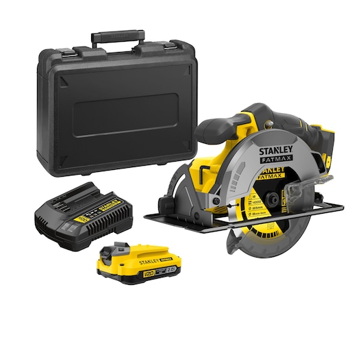 STANLEY SBC550D1K circular saw kit with yellow and black saw, battery, charger, and hard case, front angle.