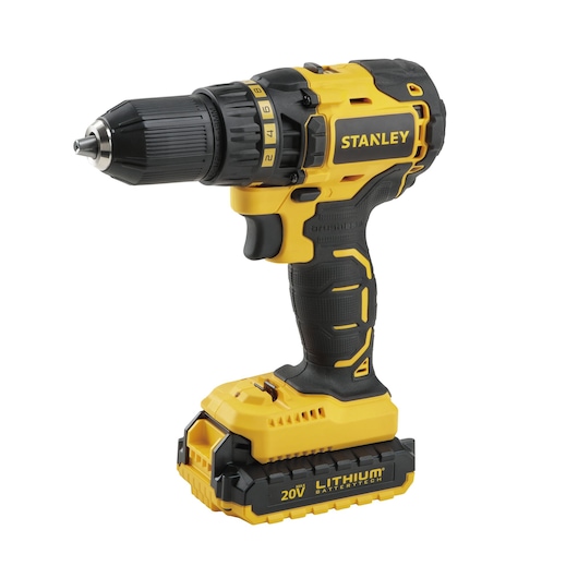 Photo of STANLEY SBD201S2K cordless drill, yellow and black, shown at angle with 20V lithium battery.