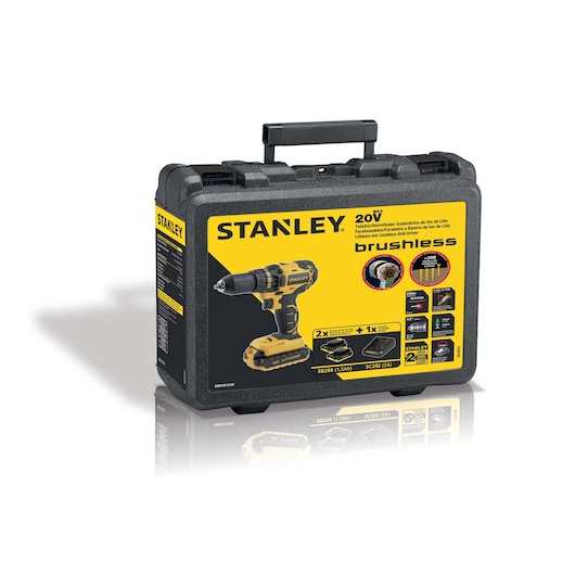 STANLEY SBD201S2K 20V brushless drill kit case, yellow and black, front angle showing drill and accessories.