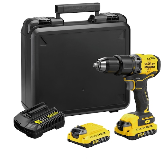 Stanley SBD715C2K-B2 V20 cordless drill kit, yellow and black, with batteries, charger, and hard case, front angle.