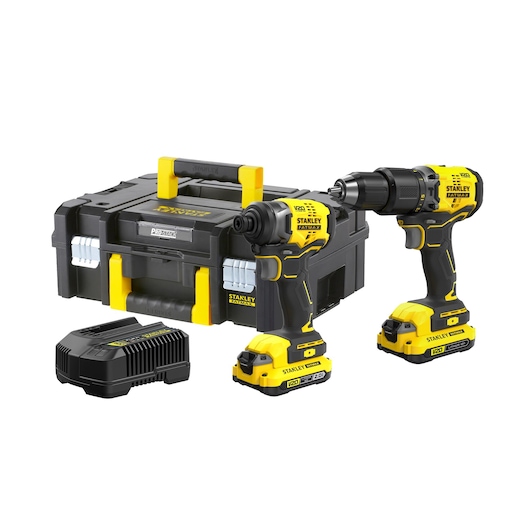 STANLEY SBDI465D2T-B2 cordless drill and impact driver kit with black and yellow storage case and battery charger, front angle.