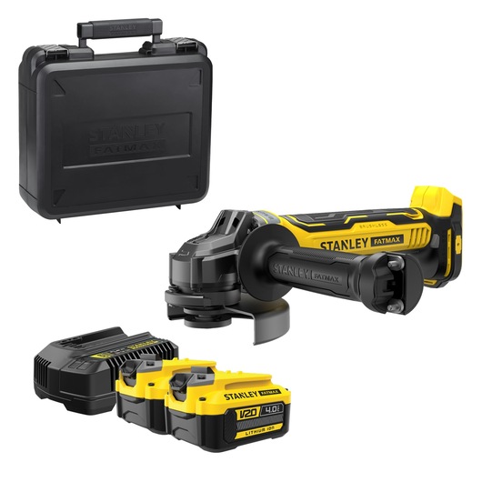 STANLEY grinder kit with case, charger, 2 batteries. SKUs: SBG700M2K, SBG700M2K-B2. Photography category.