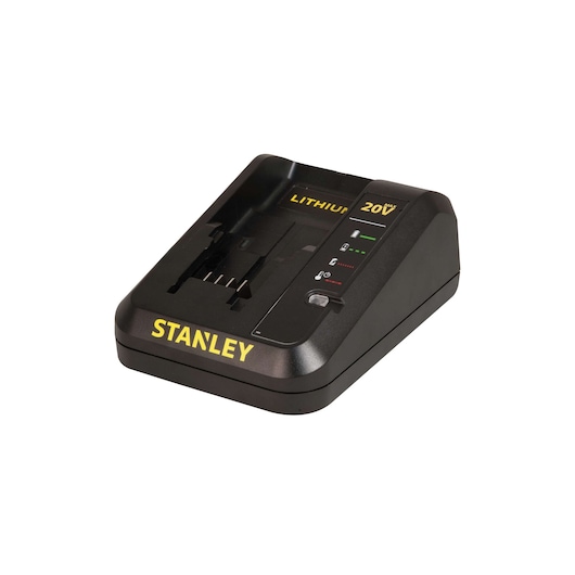Photo of STANLEY SBI20S2K battery charger, black with yellow logo, angled view, for 20V lithium batteries.