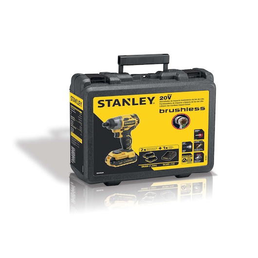Photo of STANLEY SBI20S2K brushless impact driver kit in black and yellow hard case, front angled view.