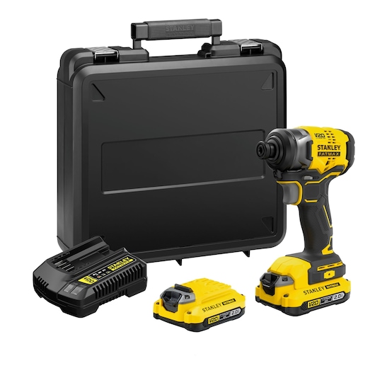 Stanley SBI810D2K-B3 cordless impact driver set with charger, two batteries, and carrying case, front angle.