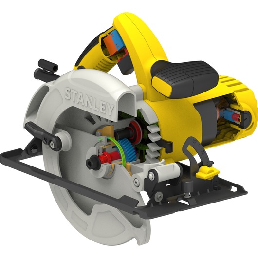 STANLEY SC16 circular saw cutaway, showing internal gears and components, angled view, yellow and black body.