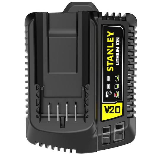 Photo of STANLEY SC200 V20 battery and charger set, yellow and black, front angle on white background.