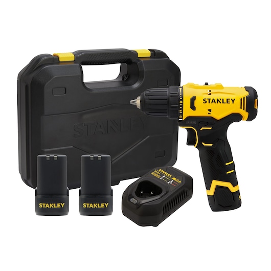 STANLEY SCD10D2K-KR cordless drill set with case, two batteries, and charger, front angle.