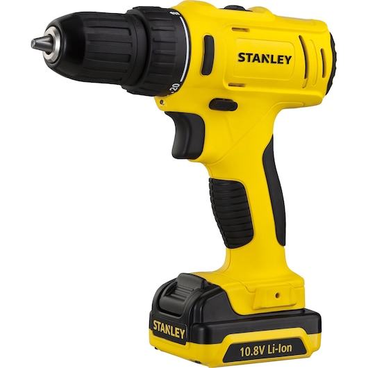 STANLEY SCD12S2K cordless drill, yellow and black, 10.8V Li-Ion, product right side on white background.