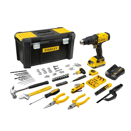 STANLEY SCD711C1H-B2 tool kit set with cordless drill, toolbox, hand tools, bits and accessories, front angle.
